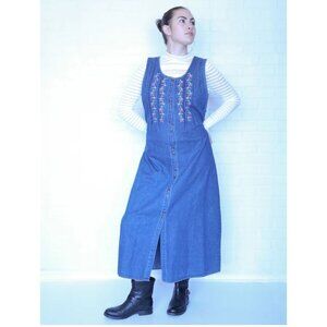 Vintage Denim Sleeveless Floral Embroidered Maxi Dress Sz Med